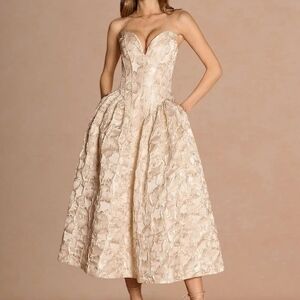 Azazie Strapless Floral Jacquard Midi Dress in Vintage Blush Champagne
